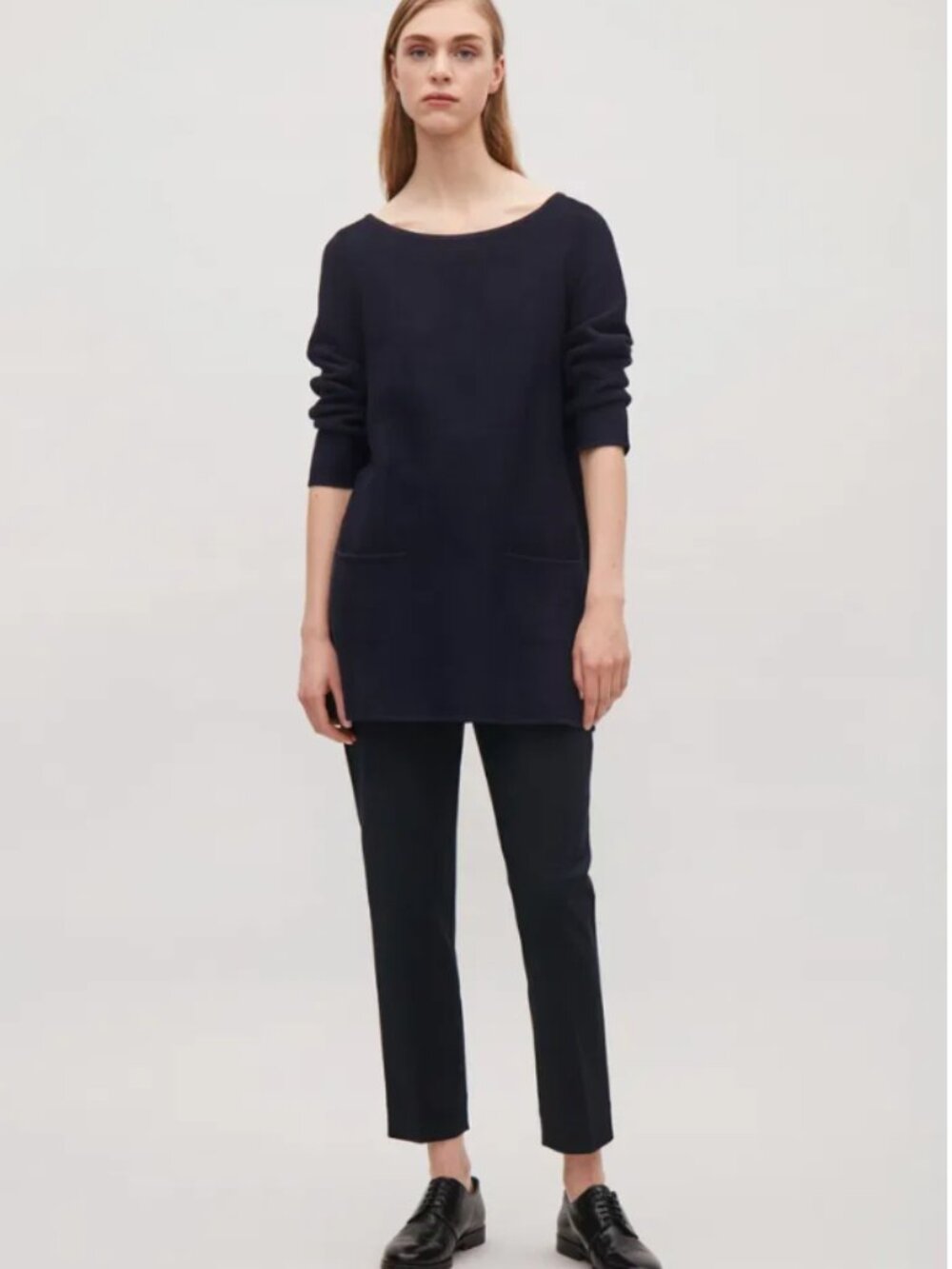 COS Black A-Line Knit Tunic Top XS Minimalist 100% Cotton 3/4 Sleeve Pockets